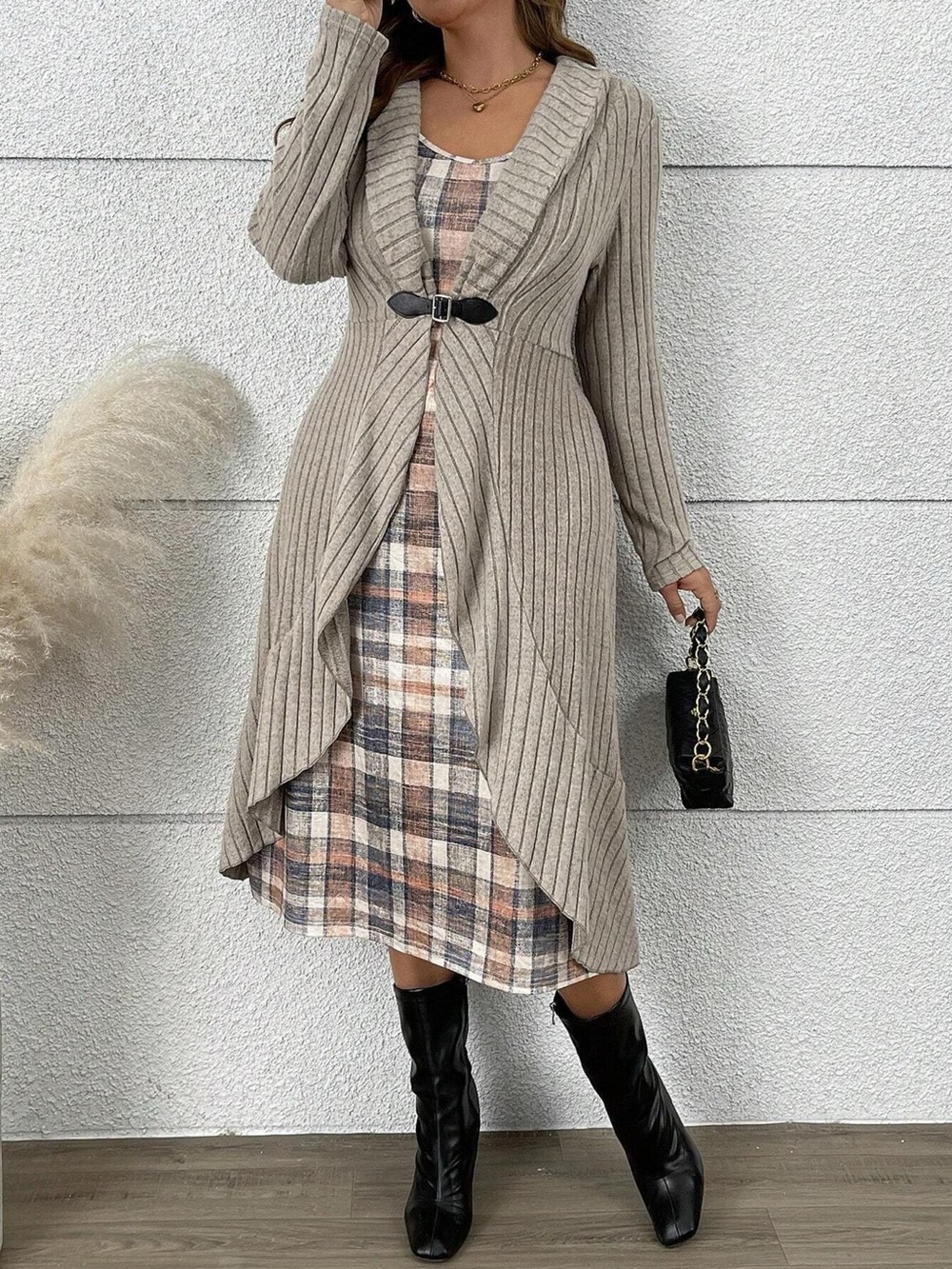 Full Size Ribbed Knit Cardigan and Plaid Dress Two-Piece Set Plus Size
